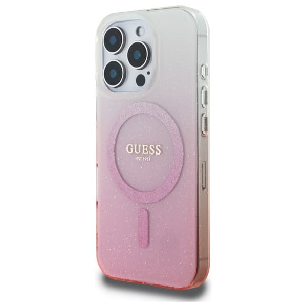 Guess IML Glitter Gradient MagSafe-etui til iPhone 16 Pro, lyserød