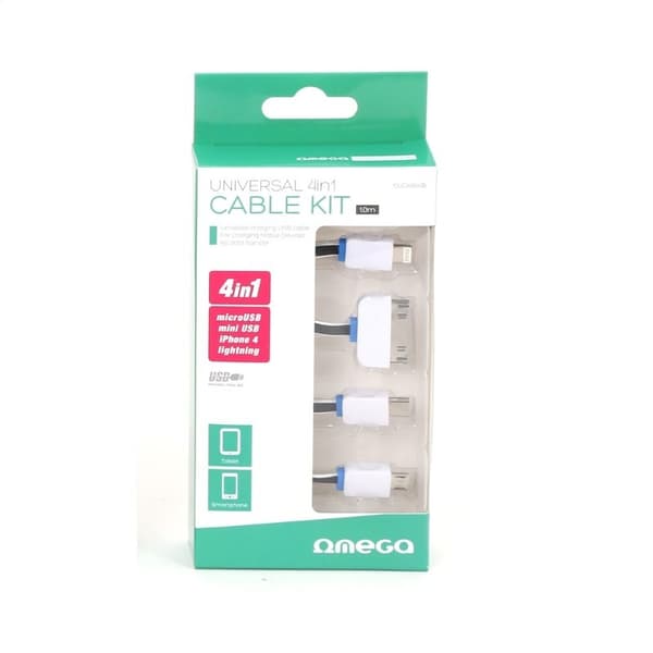 OMEGA HYDRA 4-I-1 MICRO USB + MINI USB + IPHONE 4 + LIGHTNING USB-KABEL VIT & SVART [42815]