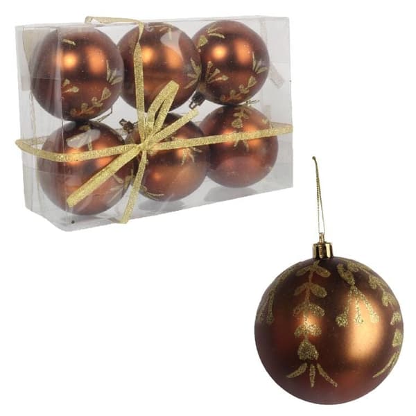 Sæt med 6 plastkuler med dekoration, 8 cm, brune