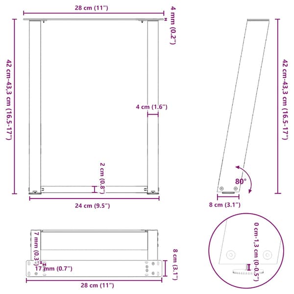 vidaXL sofabordsben, 2 stk., hvide, 28x(42-43) cm, stål