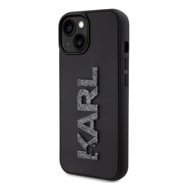 Karl Lagerfeld 3D Gummi Glitter Logo Etui til iPhone 15, Sort