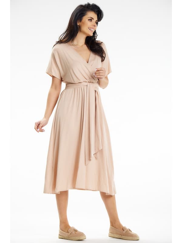 Wrap midikjole med kimonoærmer, beige M