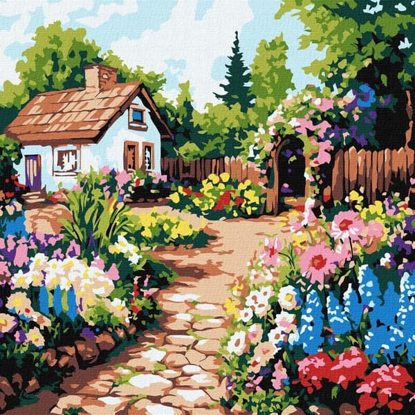 Maleri efter tal - Blomster ved sommerhuset 30x30cm