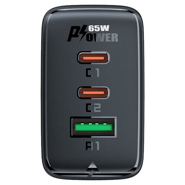 GaN Hurtig Vægoplader 2x USB-C USB-A PPS PD QC4+ 65W Sort