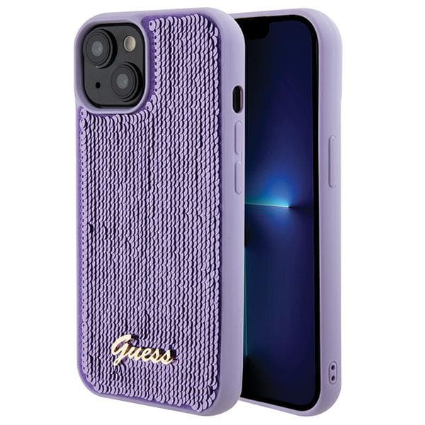 Guess Sequin Script Metal cover til iPhone 15, lilla/lilla