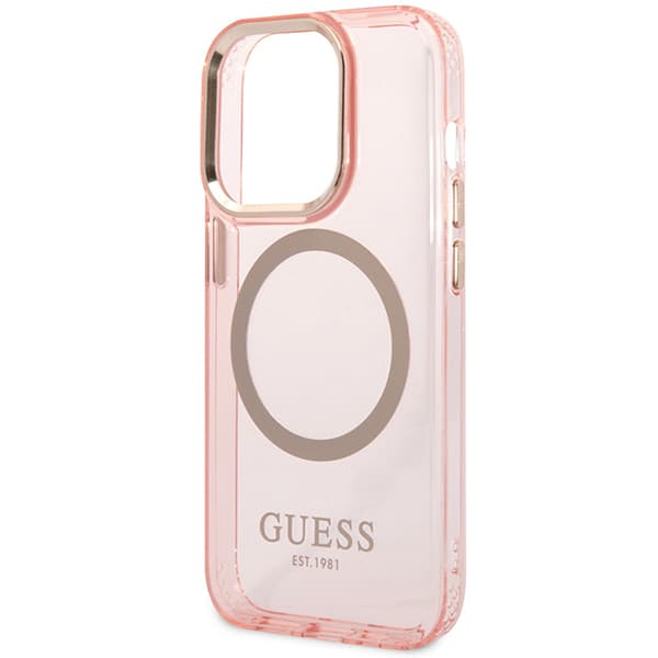 Guess Gold Outline Translucent MagSafe-etui til iPhone 14 Pro Max, lyserød