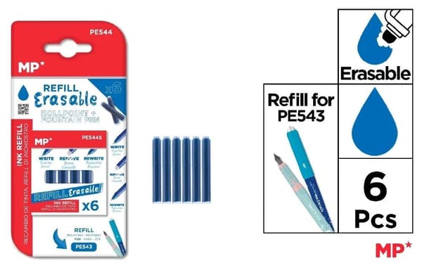 Viskelige pen refills, blå, 6 stk.