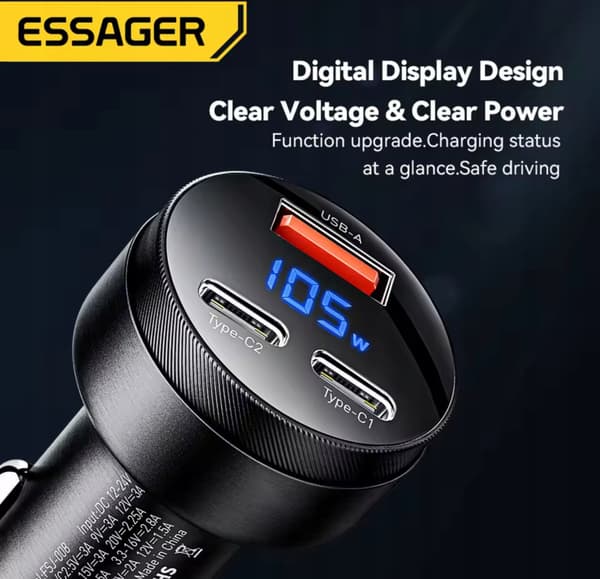 Biloplader 1x USB A + 2x USB C Pd ESSAGER i alt 105W + 0,5m kabel