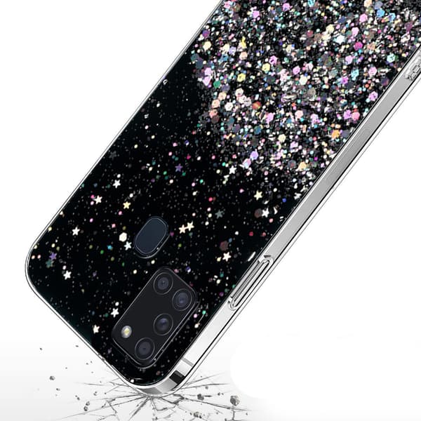 Samsung Galaxy A21S cover, glitrende, sort