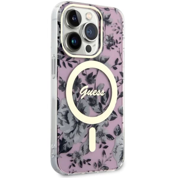 Guess Flower MagSafe-etui til iPhone 14 Pro Max, lyserød