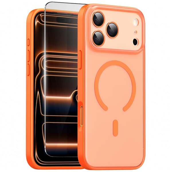 iPhone 17 Pro coversæt, til MagSafe, mat med kamerabeskyttelse, orange + glas