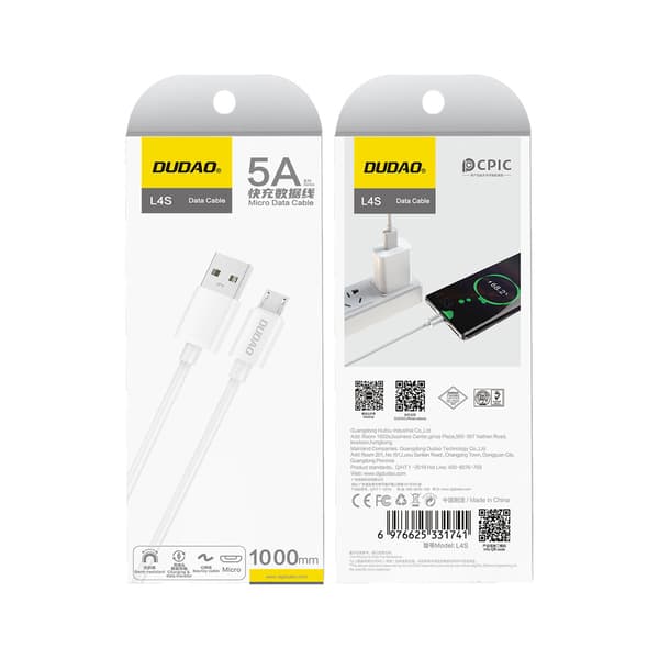 L4SM USB-A latauskaapeli - micro USB 2A 1m - valkoinen