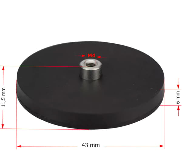 Magnetisk holder M4 gevind gummikappe 43x6 mm