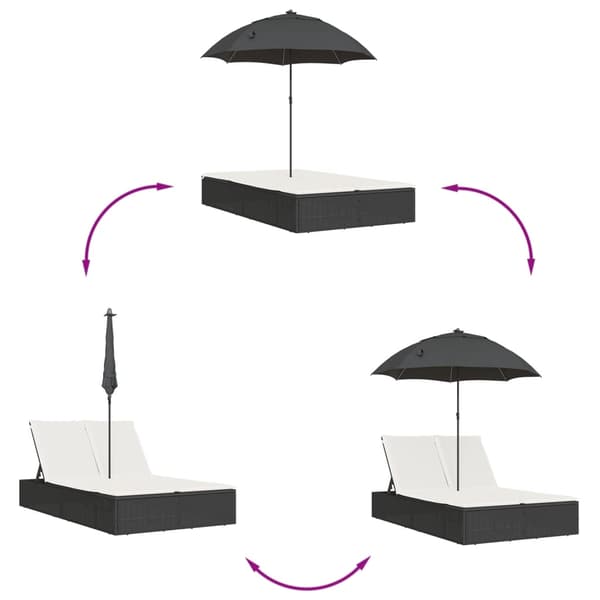 vidaXL dobbelt dagseng med hynder og parasol, sort, polyrattan