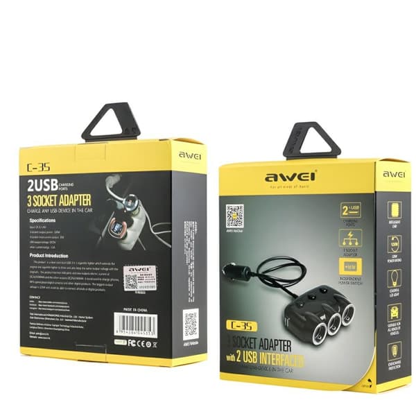 AWEI C-35 bilsplitter 3 cigarettænderstik 12V + 2 USB, sort splitter
