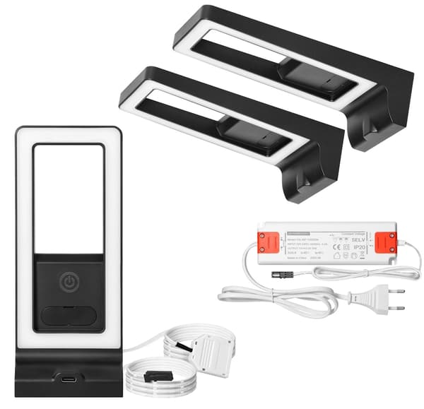 3 stk. LED-lampe til underskab, 3W, touch-afbryder, USB-oplader, sort