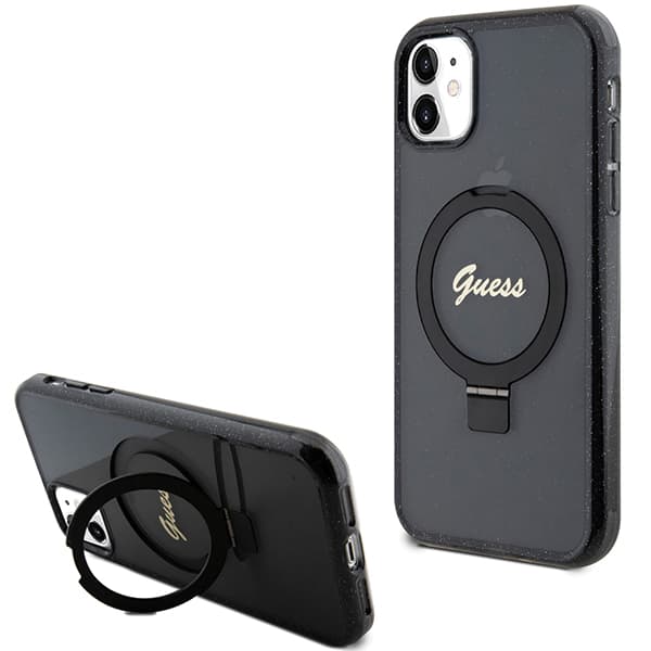 Guess Ring Stand Script Glitter MagSafe-etui til iPhone 11 / Xr, sort