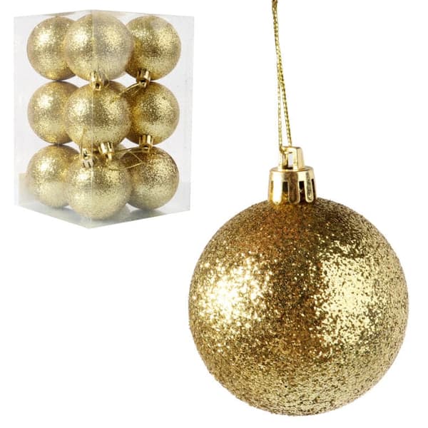 Set med 12 guldglitterjulkulor, 6 cm