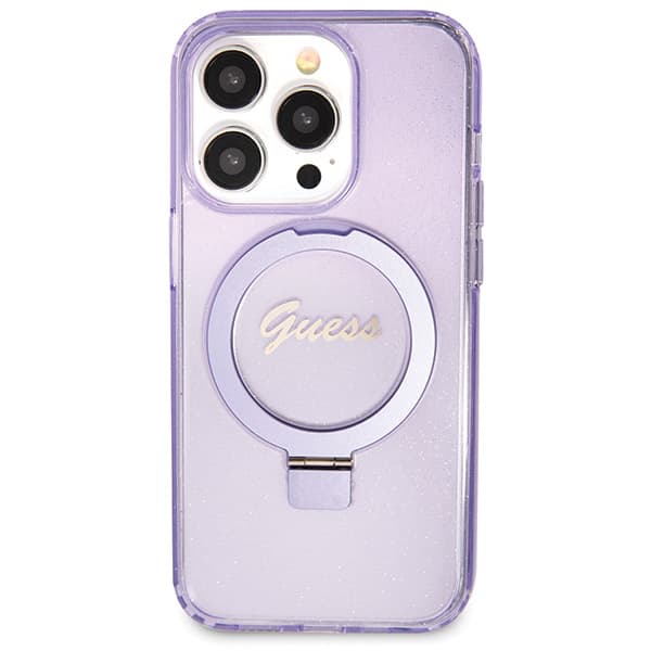 Guess Ring Stand Script Glitter MagSafe -kotelo iPhone 13 Pro Maxille, violetti