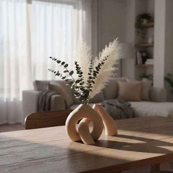 En beige minimalistisk ringformad vas med sammanflätning för blommor