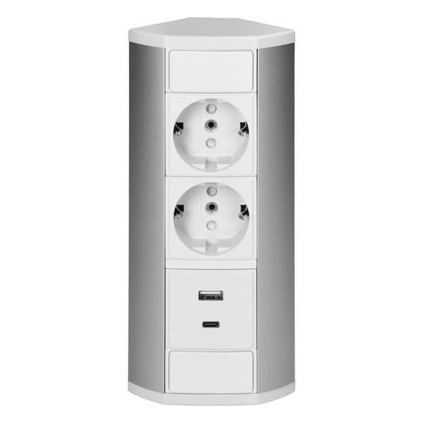 Kaapinaluspistorasia, kaksois-Schuko, 2xUSB A+C, 2.4A, valkoinen-hopea