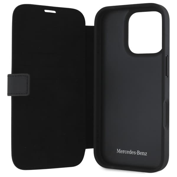 Mercedes MB Waves Læder Flip-etui til iPhone 16 Pro Max, Sort