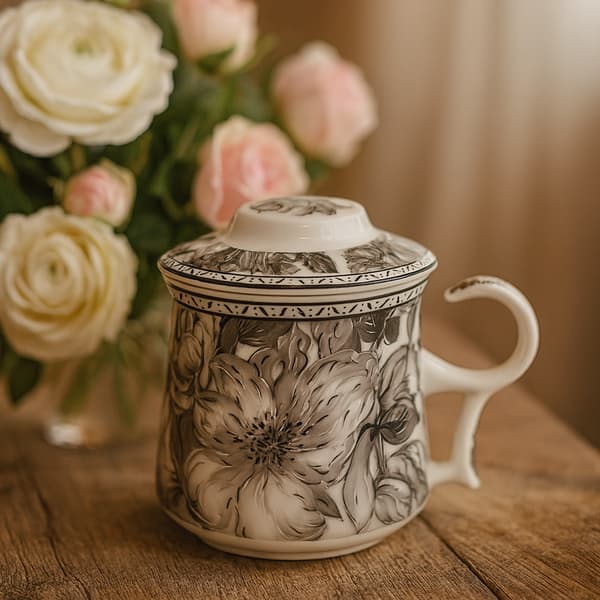 Porslinsmugg med infuser 350ml i ask, Gray Rose-kollektionen