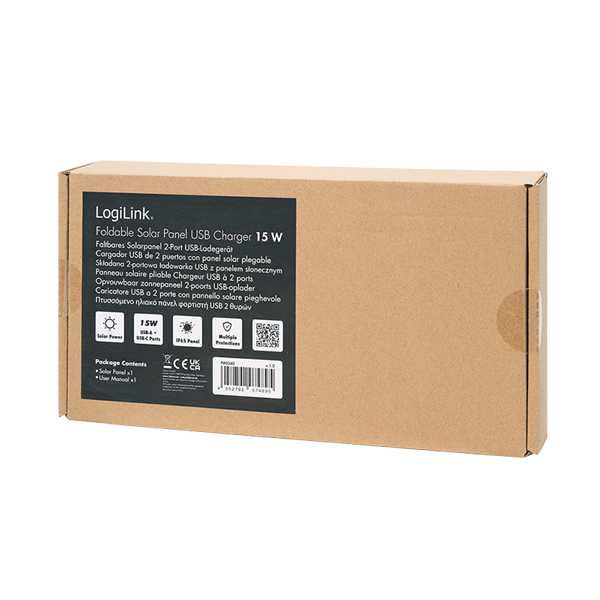 Hopfällbar solpanel 15W solladdare USB-C USB-A LogiLink IP65