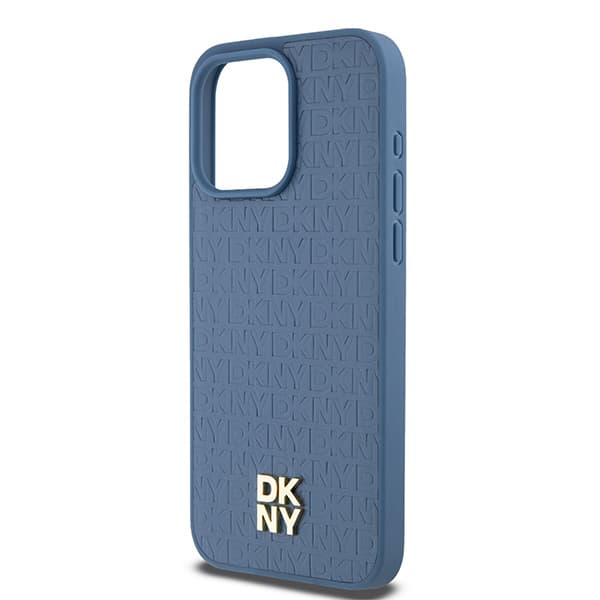 DKNY Lædermonogrammønster Metal Logo MagSafe-etui til iPhone 15 Pro Max, Blå