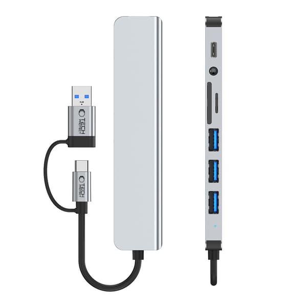 HUB multifunktionell splitter 8in1 USB-C USB-A SD/TF AV3.5 - grå