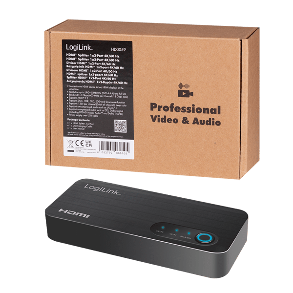 LogiLink 1x2 4K UHD HDMI-splitter, stöder HDCP, HDR, CEC, 60 Hz