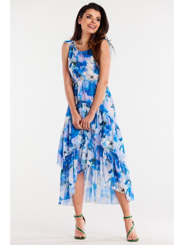 Asymmetrisk midikjole med flæser i chiffon, blå blomster M