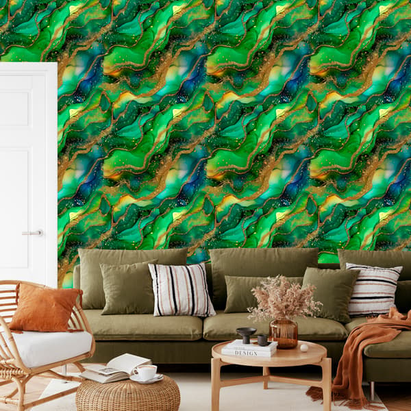 Musteenvihreä, pullonvihreä, merenvihreä ja keltainen tapetti 50x1000 cm