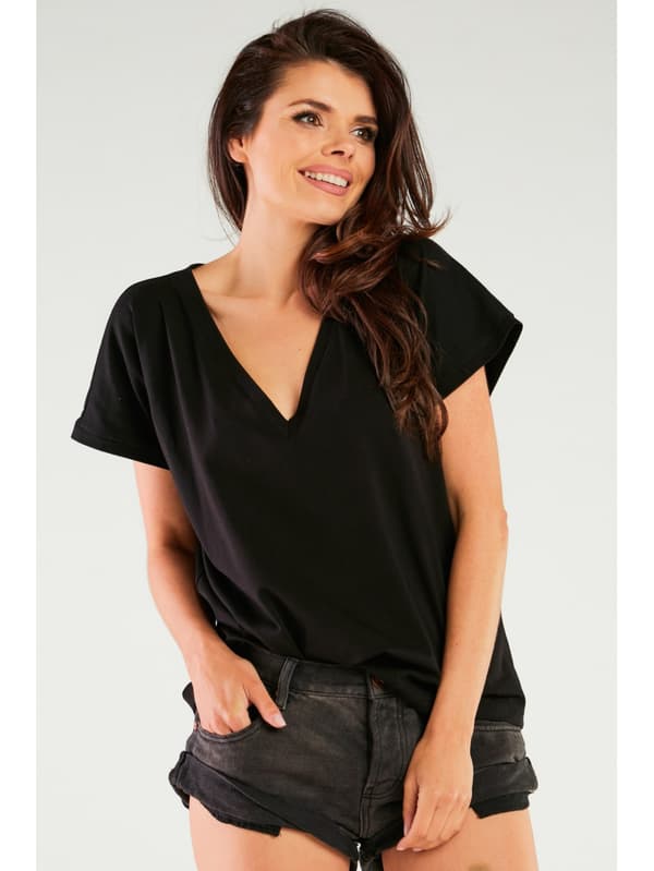 V-ringad blus med korta ärmar, svart. One size.