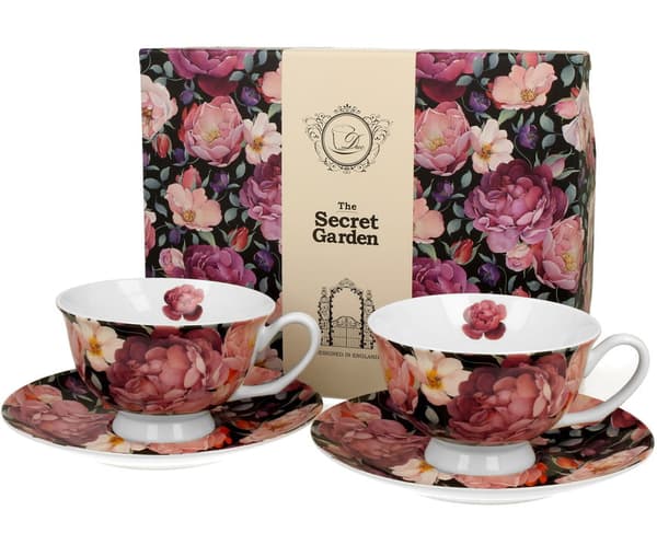 Sæt med 2 Spring Rose sorte kopper og underkopper