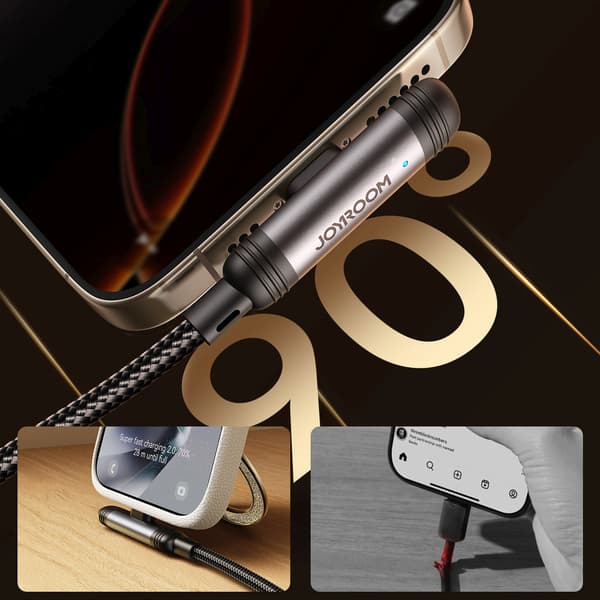 Kulmallinen USB-A iPhone Lightning 3A -kaapeli 1.2m - Musta