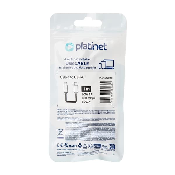 PLATINET KAAPELI USB-C - USB-C 60W 3A 1M MUSTA [45966]