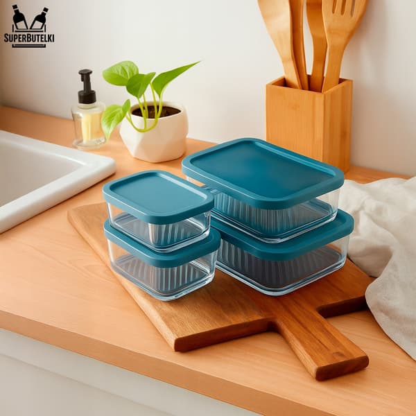 MODULÄRA glasbehållare (4 st) - 2x 750 ml + 2x 1700 ml med blå plastlock