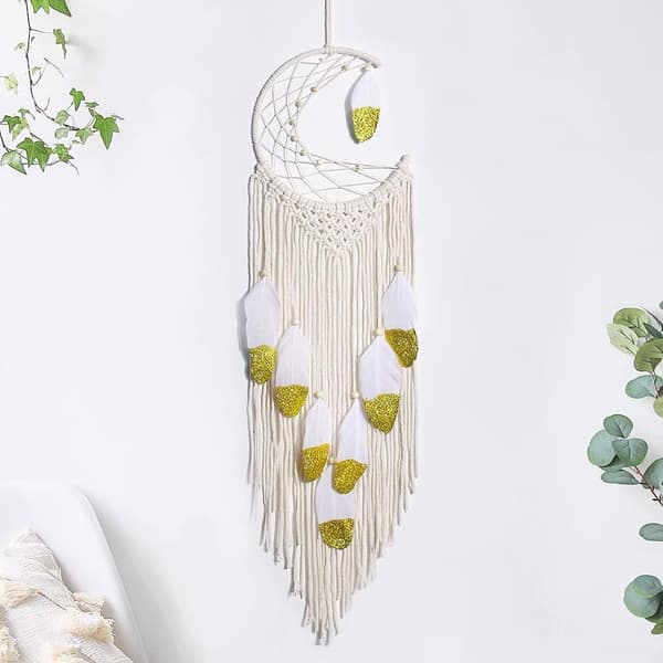 Macrame Drømmefanger Boho Måne Guld Fjer