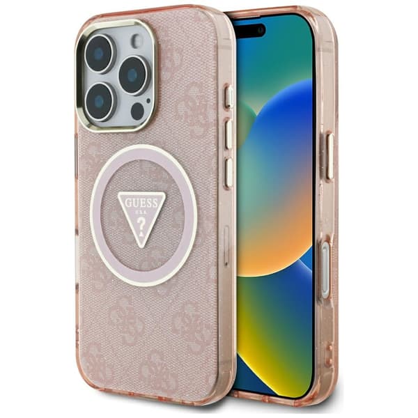 Guess IML Metal Glitter 4G Circle Triangle MagSafe-etui til iPhone 16 Pro - Lyserødt