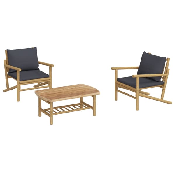 vidaXL 3-delat trädgårdsmöbelset, mörkgrå kuddar, bambu