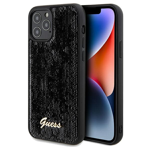 Guess Sequin Script -metallisuojakuori iPhone 12/12 Prolle, musta
