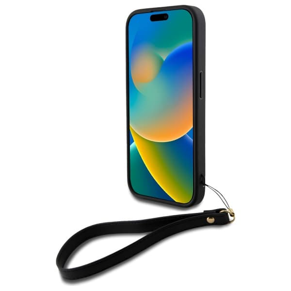 DKNY Wrist Strap Stock Logo-cover til iPhone 16, sort