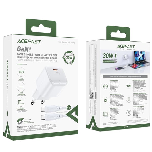 Mini PD 30W GaN Väggladdare + USB-C Kabel Vit