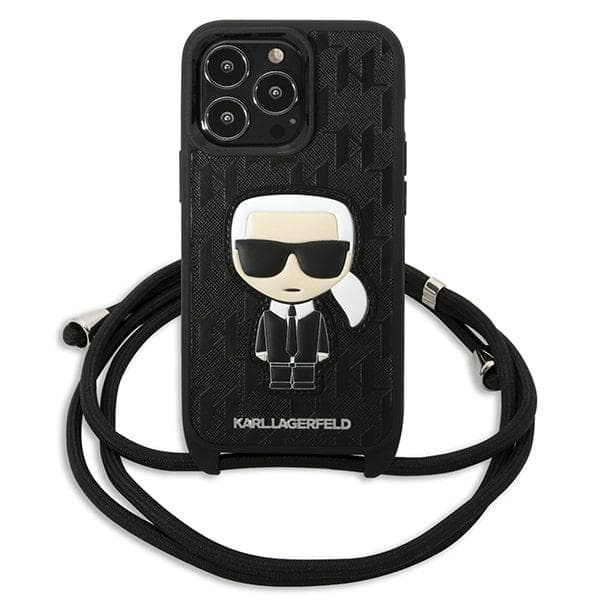 Karl Lagerfeld lædermonogram-patch og snor Iconik-etui til iPhone 13 Pro / 13, sort