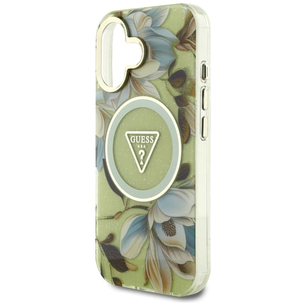 Guess Glitter Flowers Triangle Buttons MagSafe-etui til iPhone 16, grøn