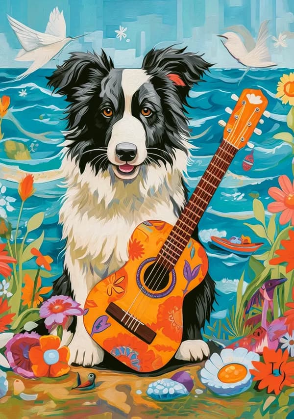 Pussel 500 bitar Border Collie, gitarr och hav