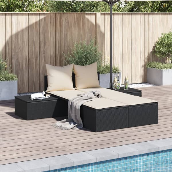 vidaXL dobbelt dagseng med hynder, sort, polyrattan