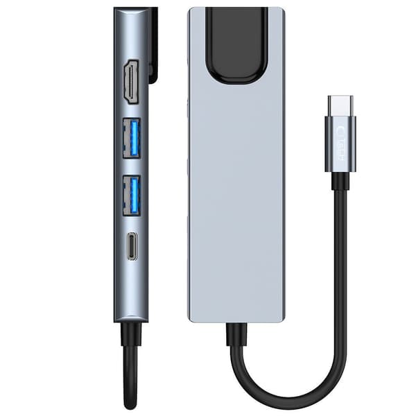 5in1 HUB USB-C - USB-C USB-A HDMI RJ45 -jakaja - harmaa