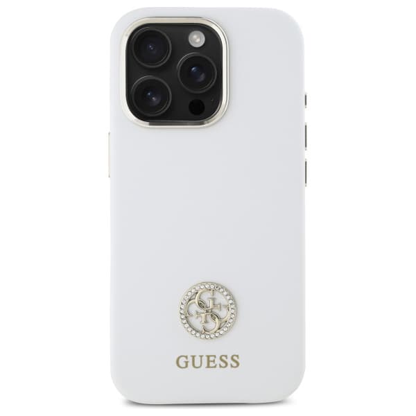Guess Silikone Logo Strass 4G Etui til iPhone 16 Pro, Hvid